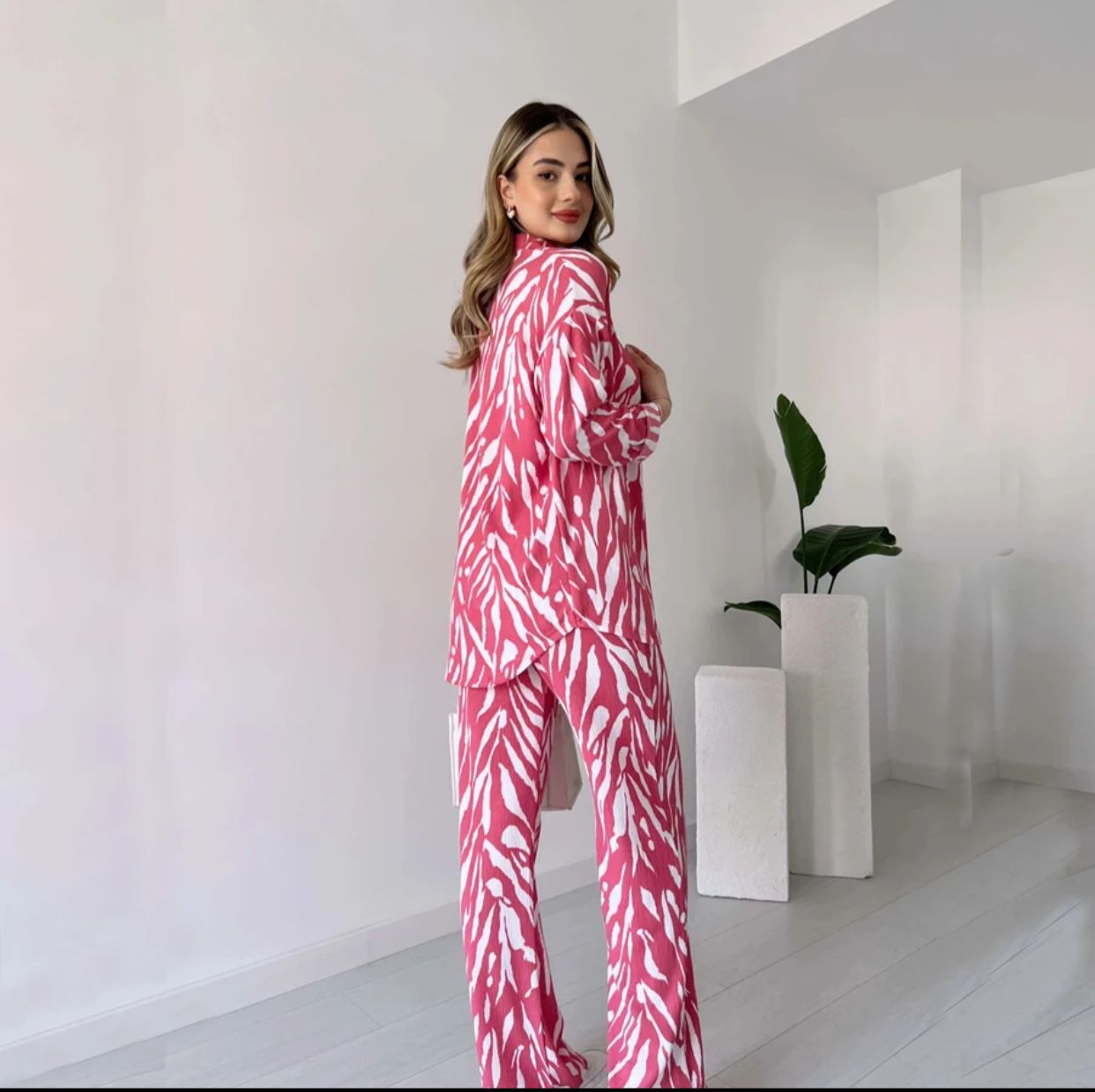 Zebra stripes Printed Chic loose blouse top womens shirt And Pants Two-piece Set