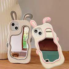 Rabbit Ear Makeup Mirror Phone Case For iphone 14 13 12 11 Pro Max Xs Max Xr ipx 7 8 plus 14 plus Cute TPU Shockproof Casing